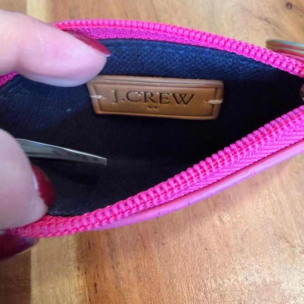 J.Crew Barbiecore Hot Pink Studded Leather Card Case & Key Ring (EUC)